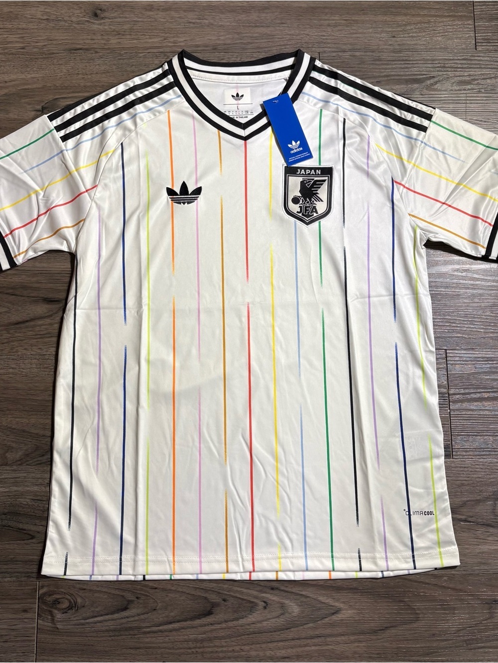 adidas White Multicolor Pinstripe Japan Soccer Jersey